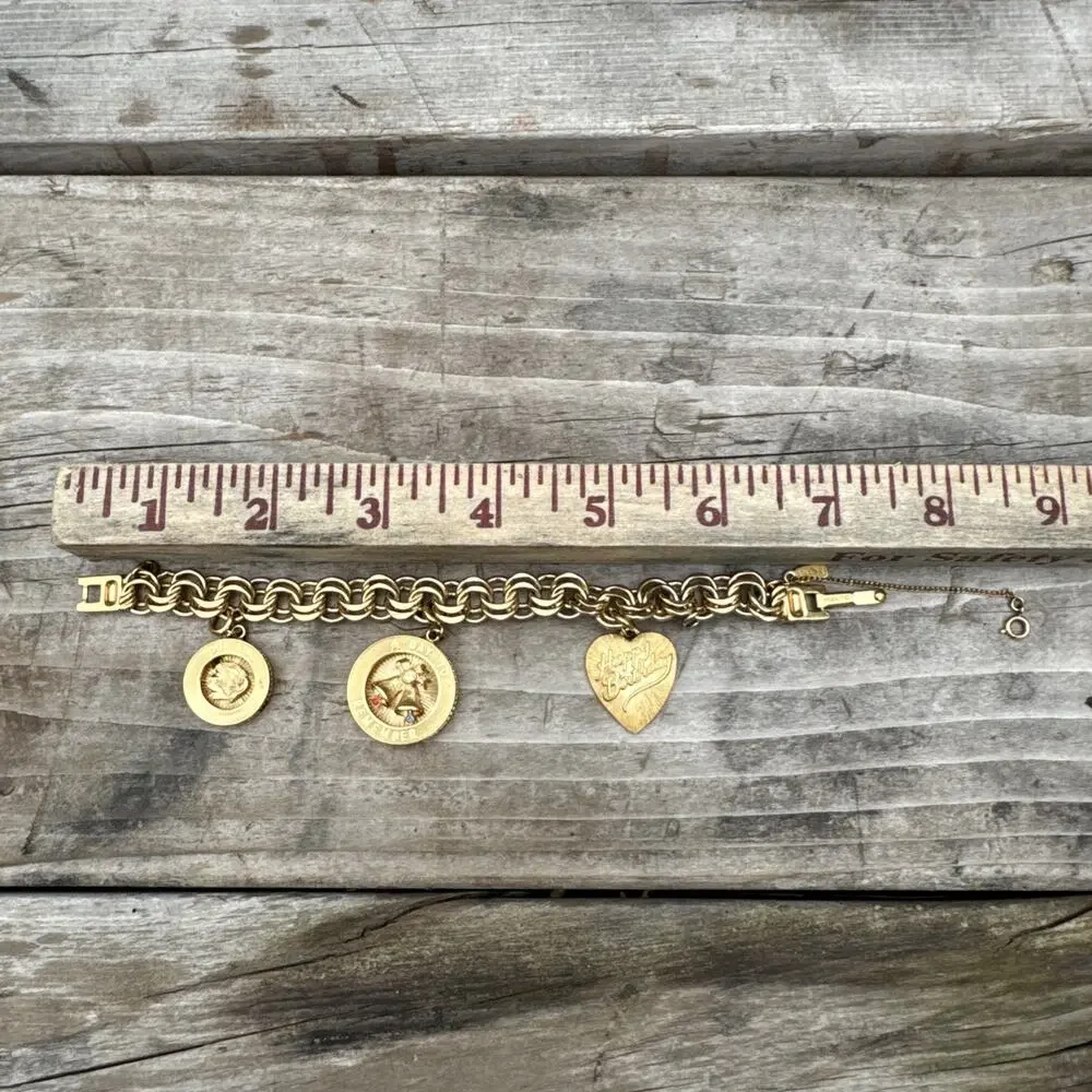 Vtg Monet Gold Tone Bracelet W/ 3 Charms Safety Chain Daughters Child Birthday